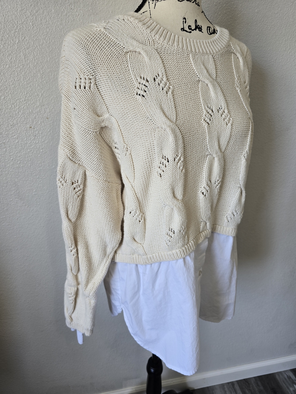 Anthropologie Pilcro Cable Knit Twofer Sweater Womens Size L Cream Preppy Office - Picture 5 of 11